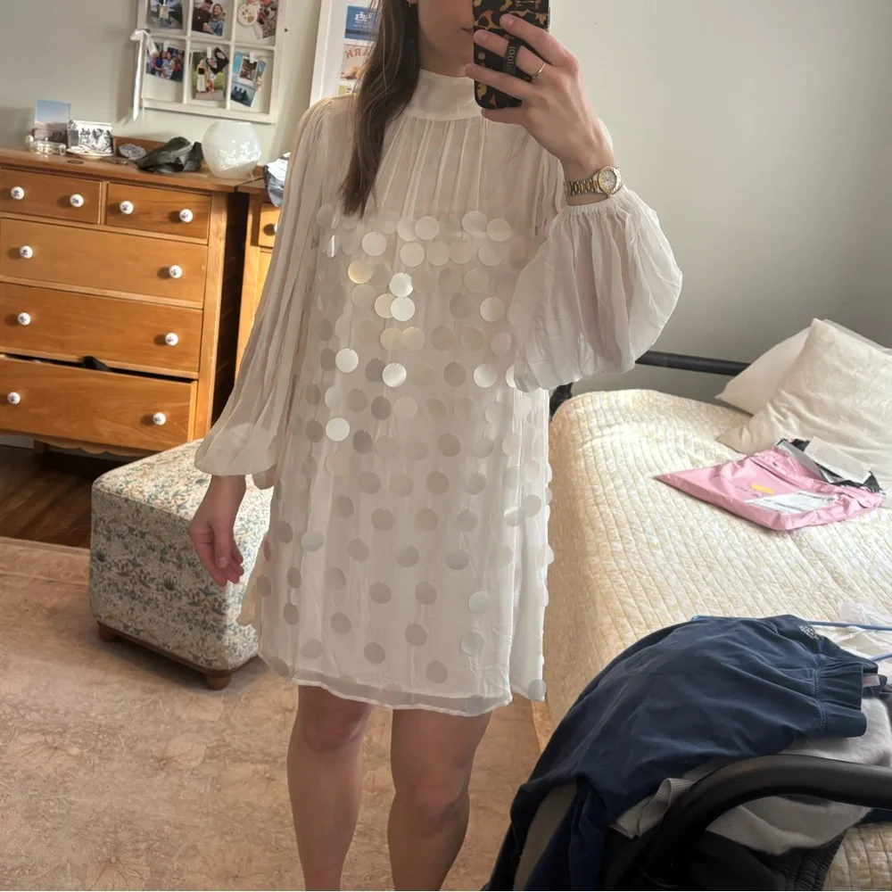 BHLDN White Sheer Long-Sleeve Mini Dress with Sequin Dots